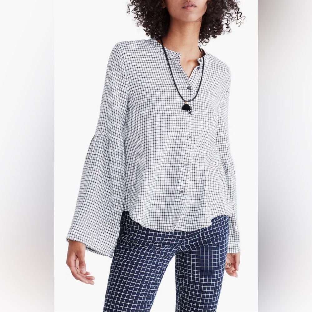 MADEWELL Bell Sleeve Button Front Windowpane Plaid Long Sleeve Shirt Size XS